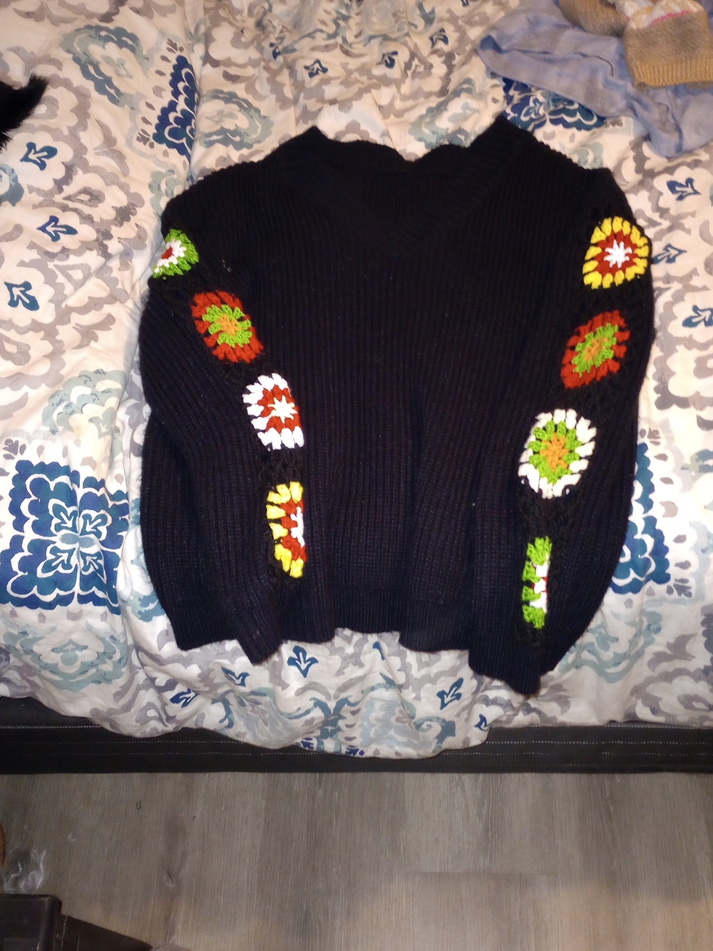 Black Women's Knit Sweater with Colorful Crochet Accents